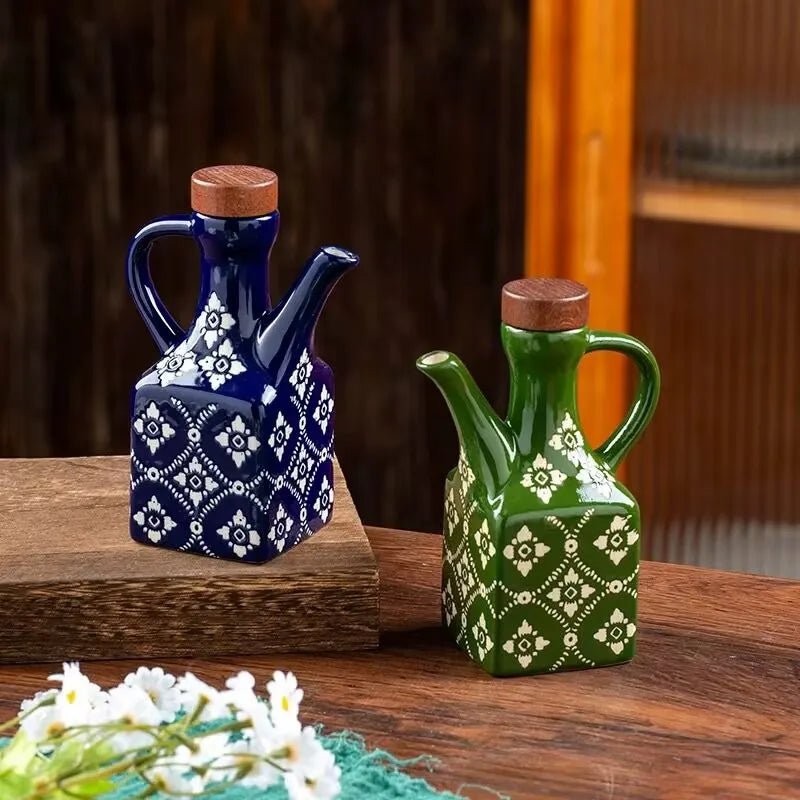Underglaze Ceramic Oil Pot with Wooden Lid – Blue Flower Design | For Oil, Vinegar, Soy Sauce & Seasonings MU Group