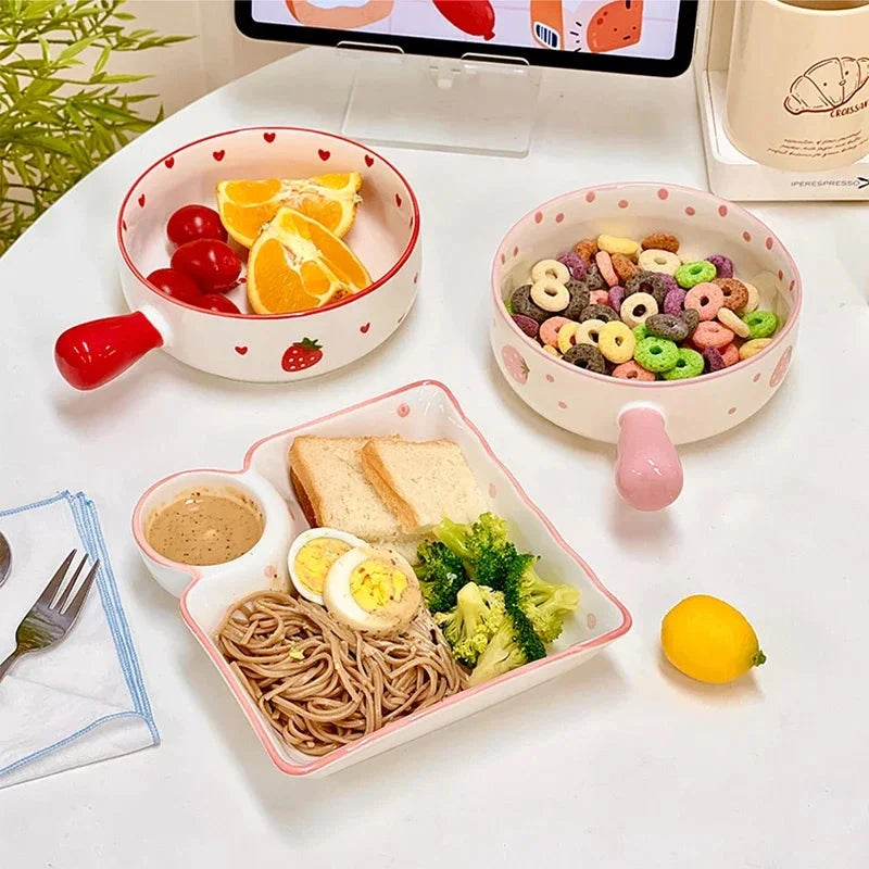 Cute Strawberry Peach Bowl Plate Kitchen Bowl with Handle Tableware Gift for Kids Girl Women Ceramic Fruit  Salad Noodle Ramen MU Group