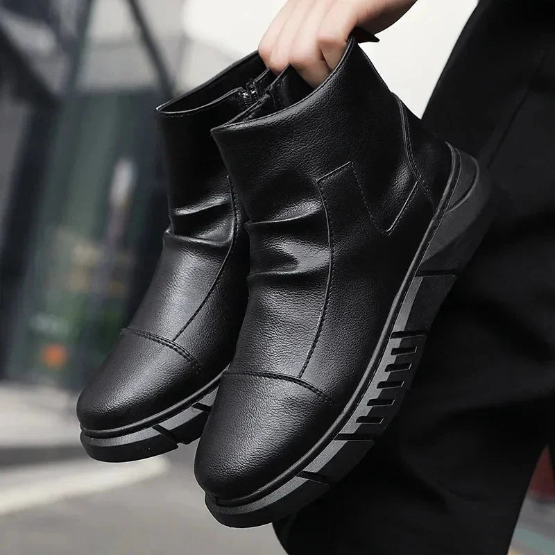 Black Boots for Men Fashion Leather Shoes Platform Ankle Boots Outdoor Comfortable Soft Men Motorcycle Booties Botas Hombre Piel MU Group