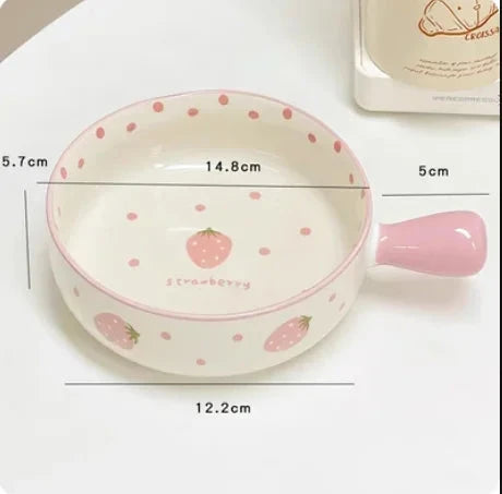 Cute Strawberry Peach Bowl Plate Kitchen Bowl with Handle Tableware Gift for Kids Girl Women Ceramic Fruit  Salad Noodle Ramen MU Group