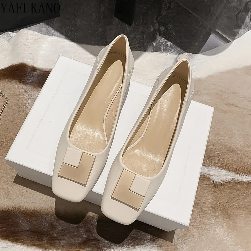 2024 New Fashion Square Toe High Heels Elegant Ladies Office Work Shoes Soft Leather Comfort Mid Heel Casual Womens Pumps