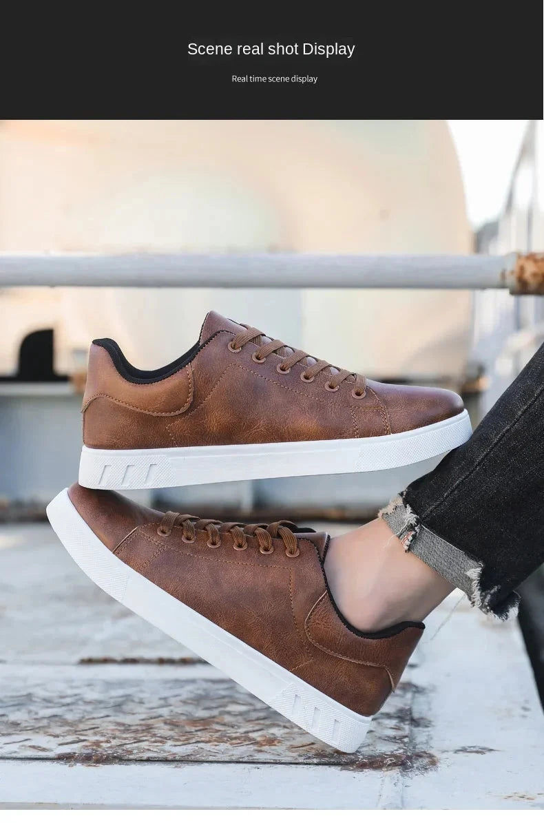 Classic Men Leather Shoes Thick-soled Casual Sneakers Trendy Lace-up Walking Shoes Spring Anti-slip Comfortable Vulcanized Shoes MU Group