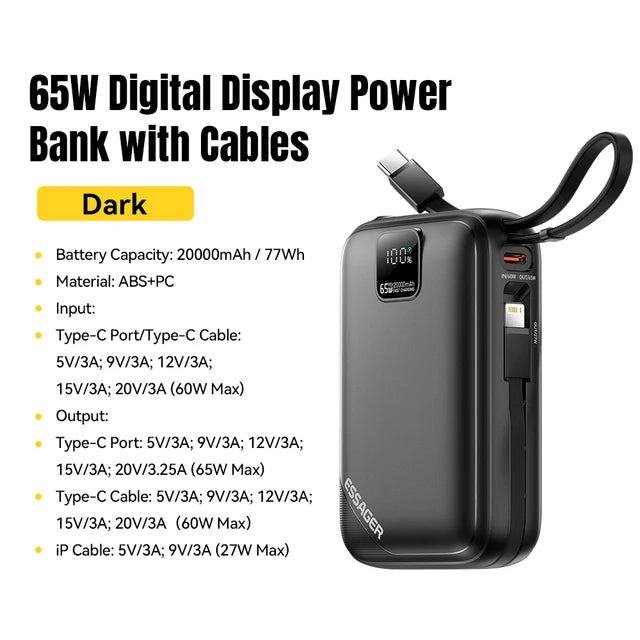Essager Power Bank 20000mAh 65W PD avec 2 Câbles Intégrés Charge Rapide Maroc