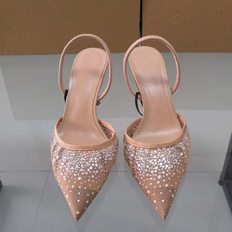 2024 Women High Heels Sandals Glitter Rhinestone Pointed Slingbacks Designer Summer Mesh Elegant Ladies Party Wedding Shoes