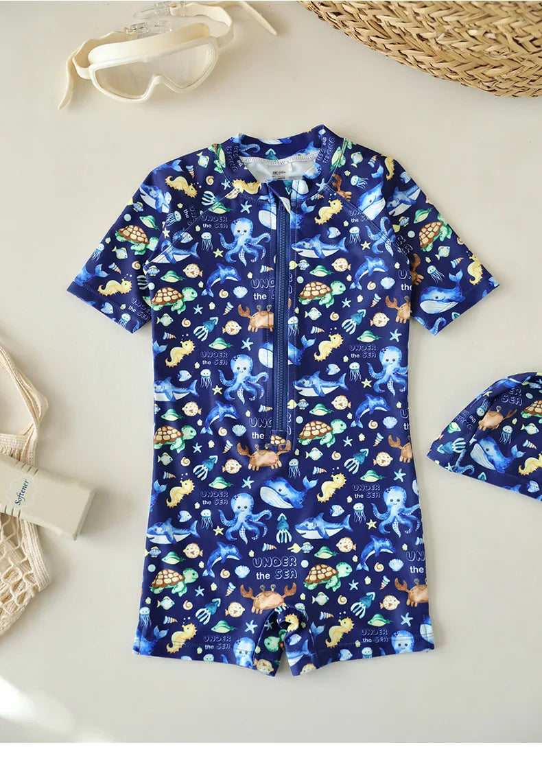 Maillot de Bain Garçon 1 Pièce – Manches Courtes avec Fermeture Zippée
