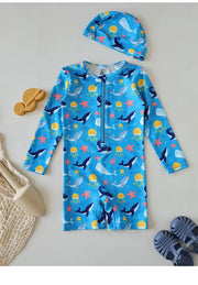 Maillot de Bain Enfant 1 Pièce avec Bonnet – Manches Longues Motif Marin