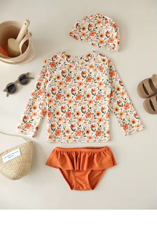 Maillot de Bain Fille 2 Pièces Floral – Haut Manches Longues & Culotte