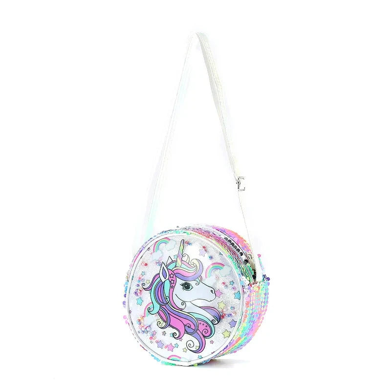 Kids Accessories Summer Lovely Kids Girls Sequin Crossbody Bag 3 Colors Cartoon Printed Round Shoulder Bag with Adjustable Strap MU Group