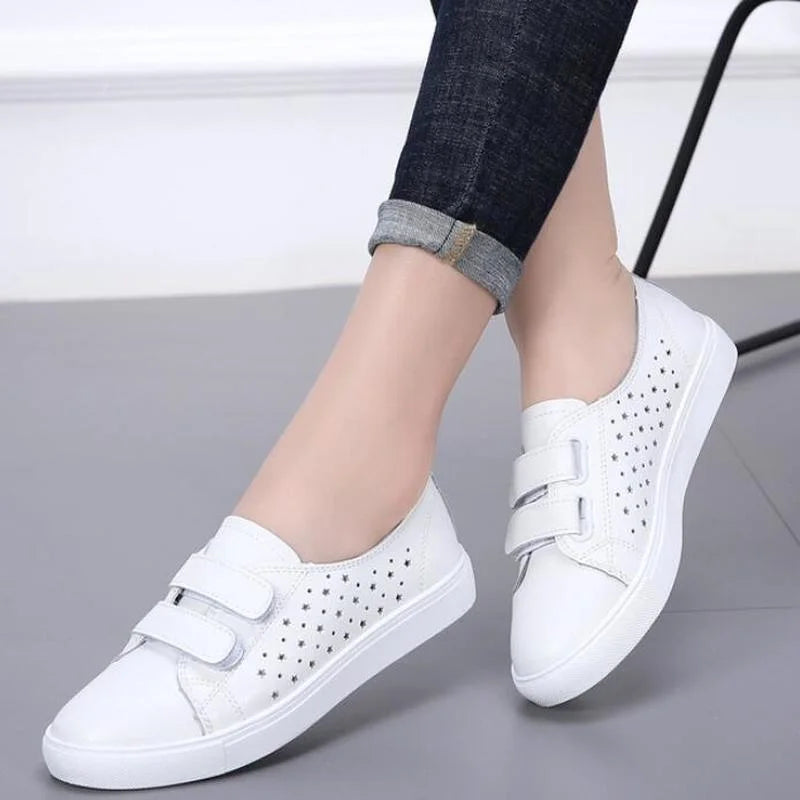 Spring New White Shoes Leather PU Casual for Women's Breathable Running Shoes Students Sneakers Tennis Female Hook & Loop Autumn