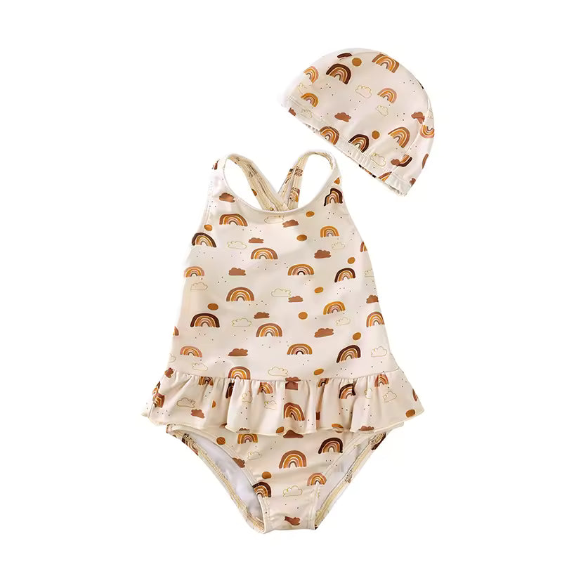 Maillot de Bain Fille 1 Pièce avec Bonnet – Bretelles & Volants