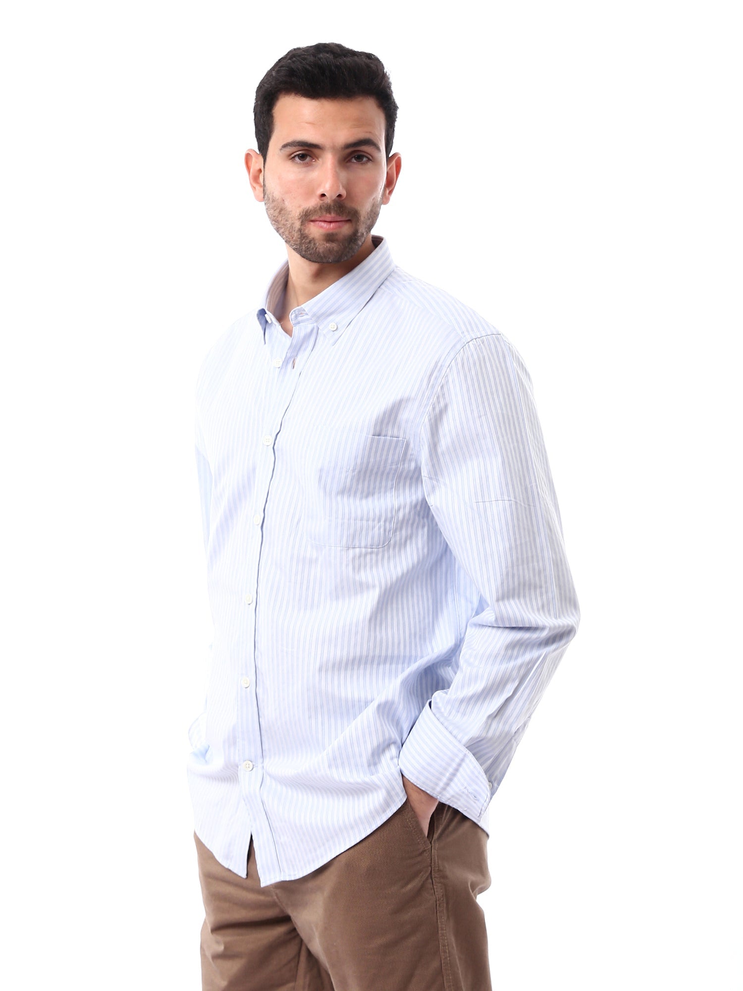 قميص رجالي مخطط بأكمام طويلة - تصميم عصري باللون الأزرق الفاتح - SHI24SSCR17401TM1