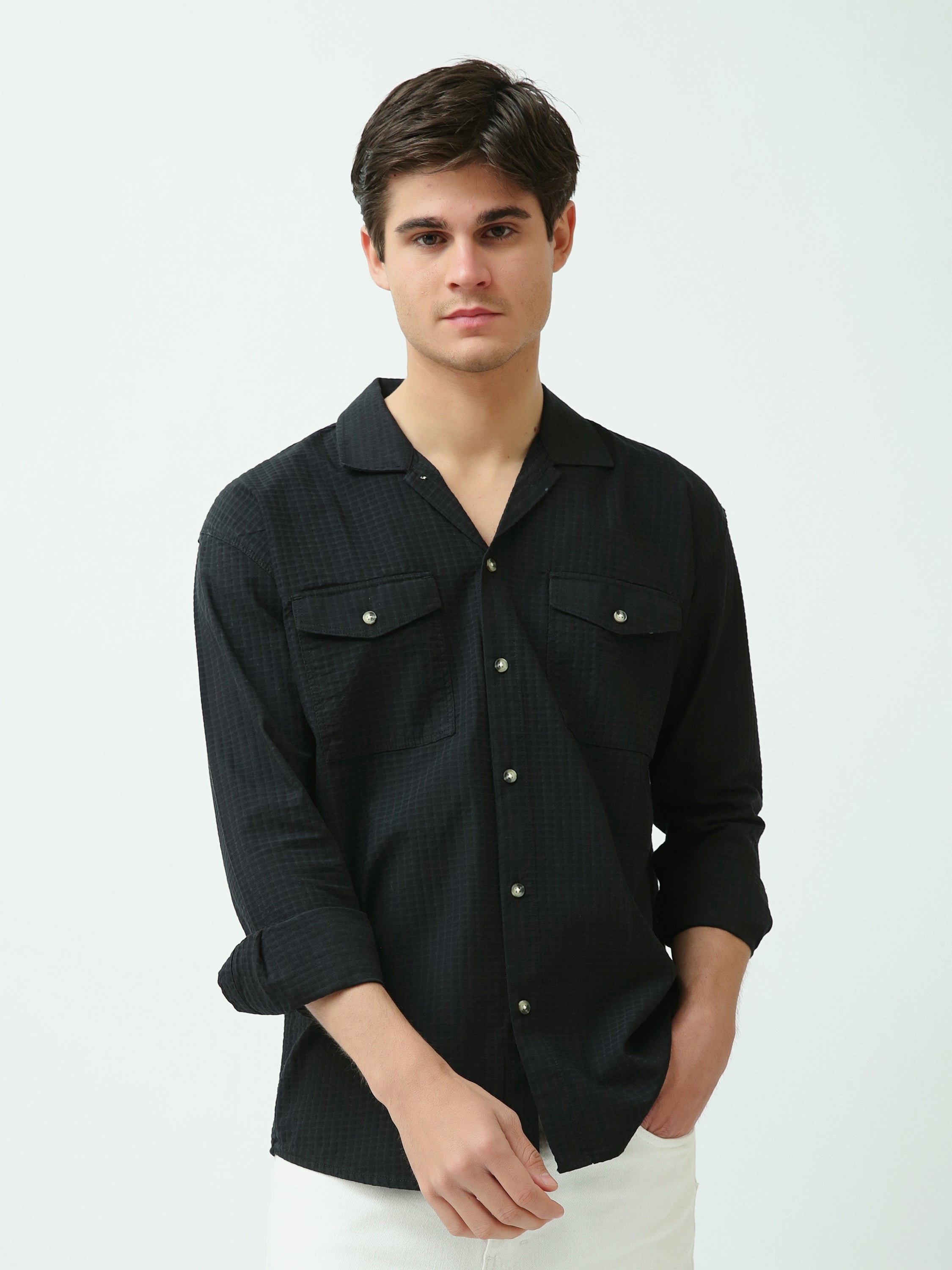 Chemise Homme Texturée à Manches Longues avec Poches Poitrine - SHI25SECR19540TM1