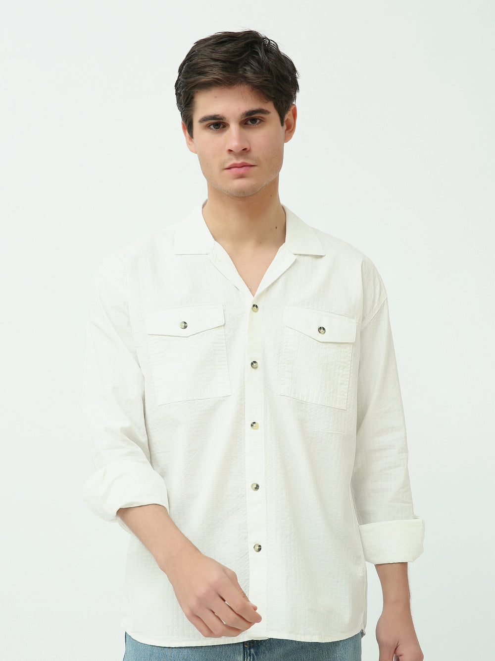 Chemise Homme Texturée à Manches Longues avec Poches Poitrine - SHI25SECR19540TM1