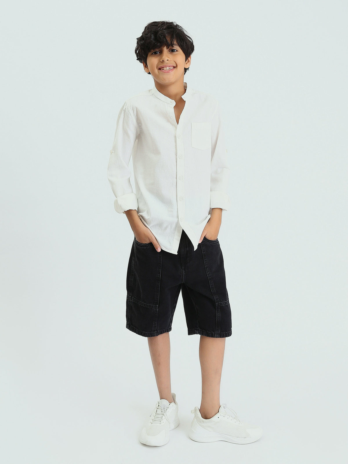 Chemise Garçon à Col Mao et Manches Longues – Style Élégant - SHI25SEIS16016TB1