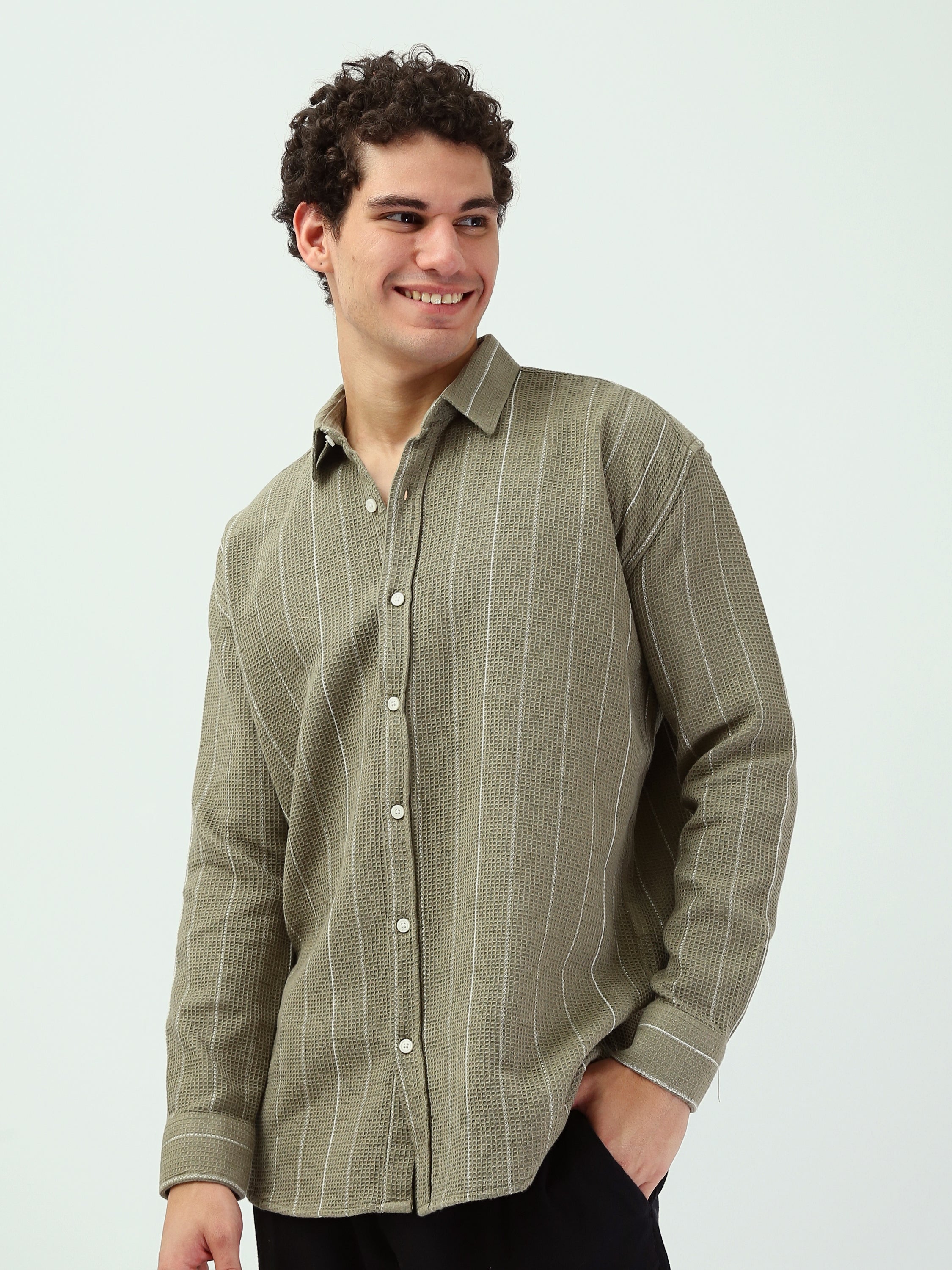 Chemise Homme Vert Olive à Rayures – Style Casual Chic Moderne - SHI25SSCR16030TM1