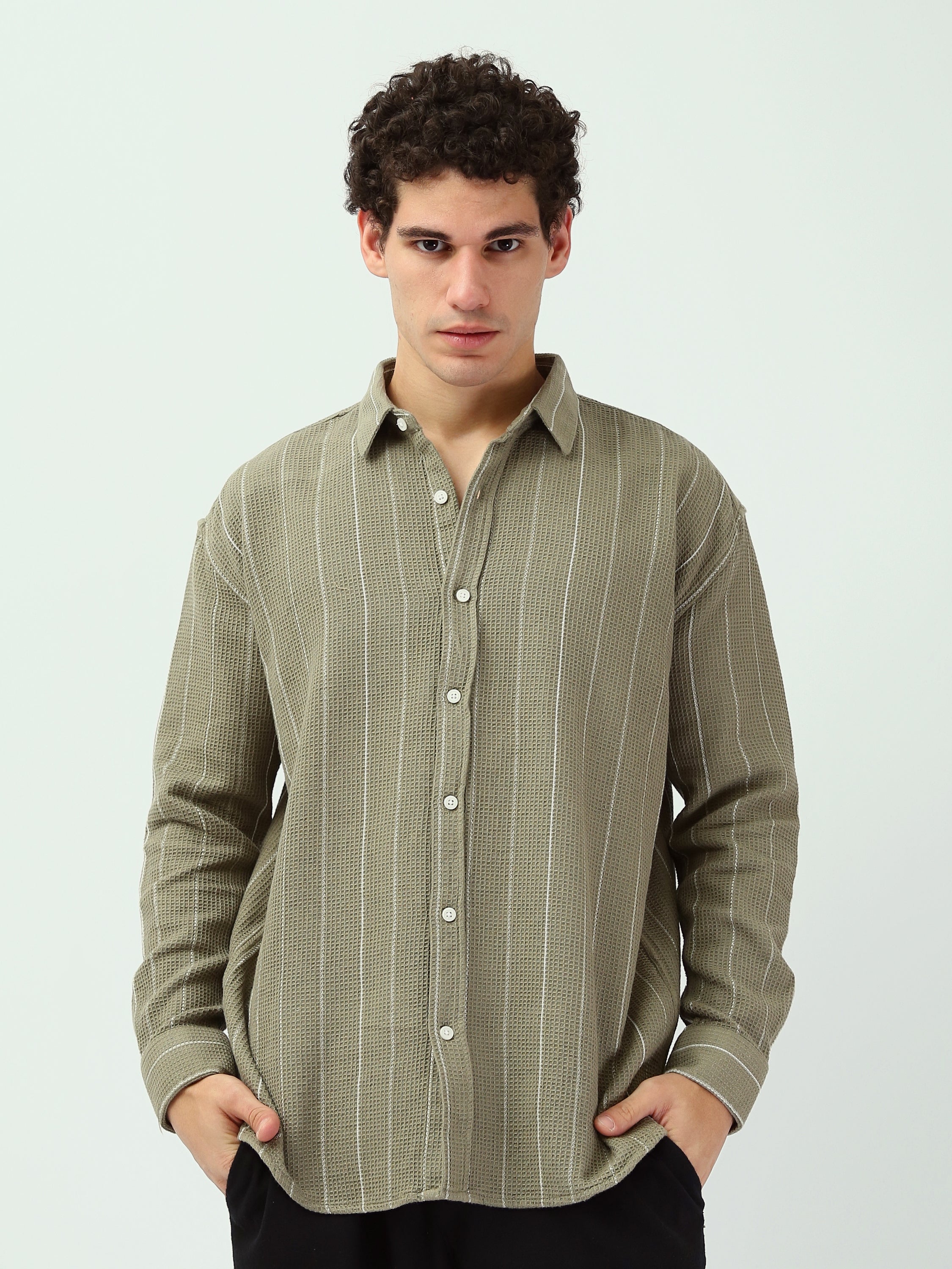 Chemise Homme Vert Olive à Rayures – Style Casual Chic Moderne - SHI25SSCR16030TM1