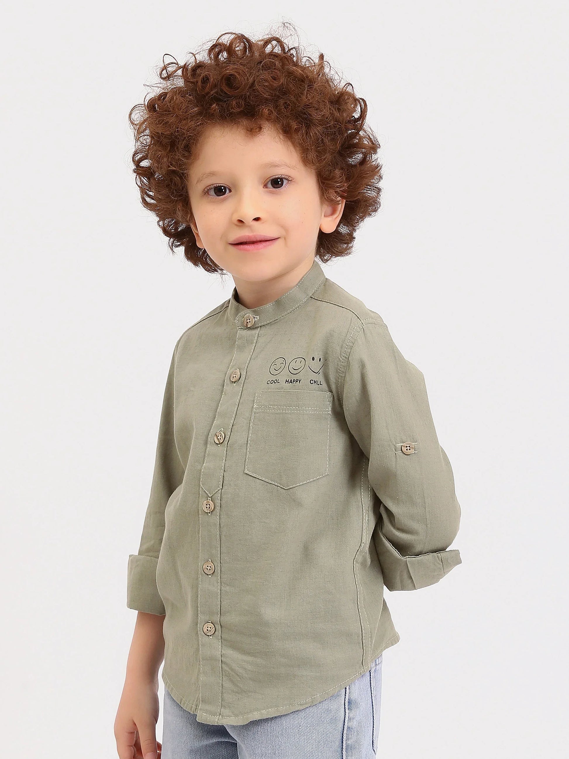 Chemise garçon manches longues col mao avec poche et imprimé Cool Happy Chill - SHI25SXIS76473MB1 - Justyol