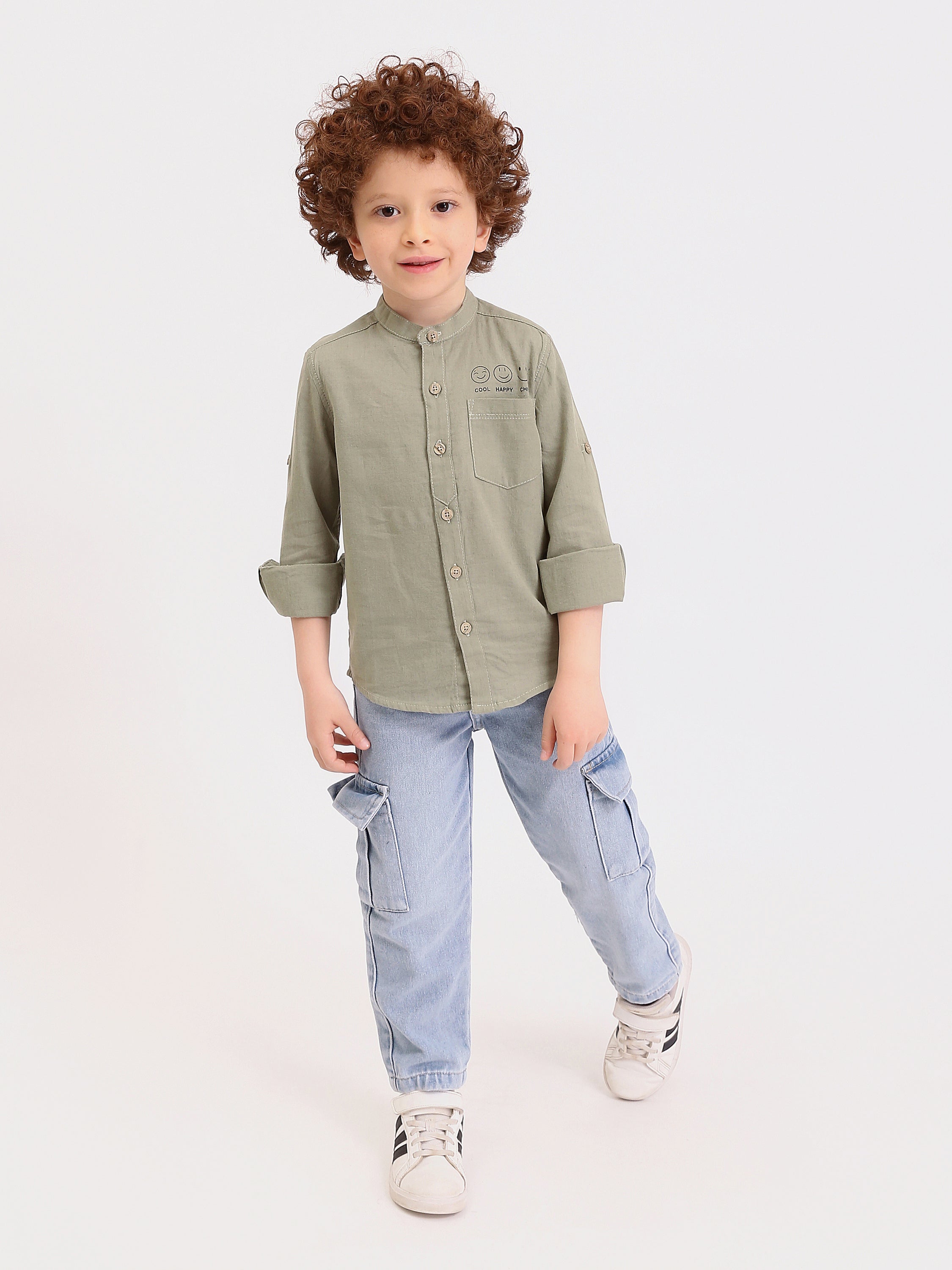 Chemise garçon manches longues col mao avec poche et imprimé Cool Happy Chill - SHI25SXIS76473MB1