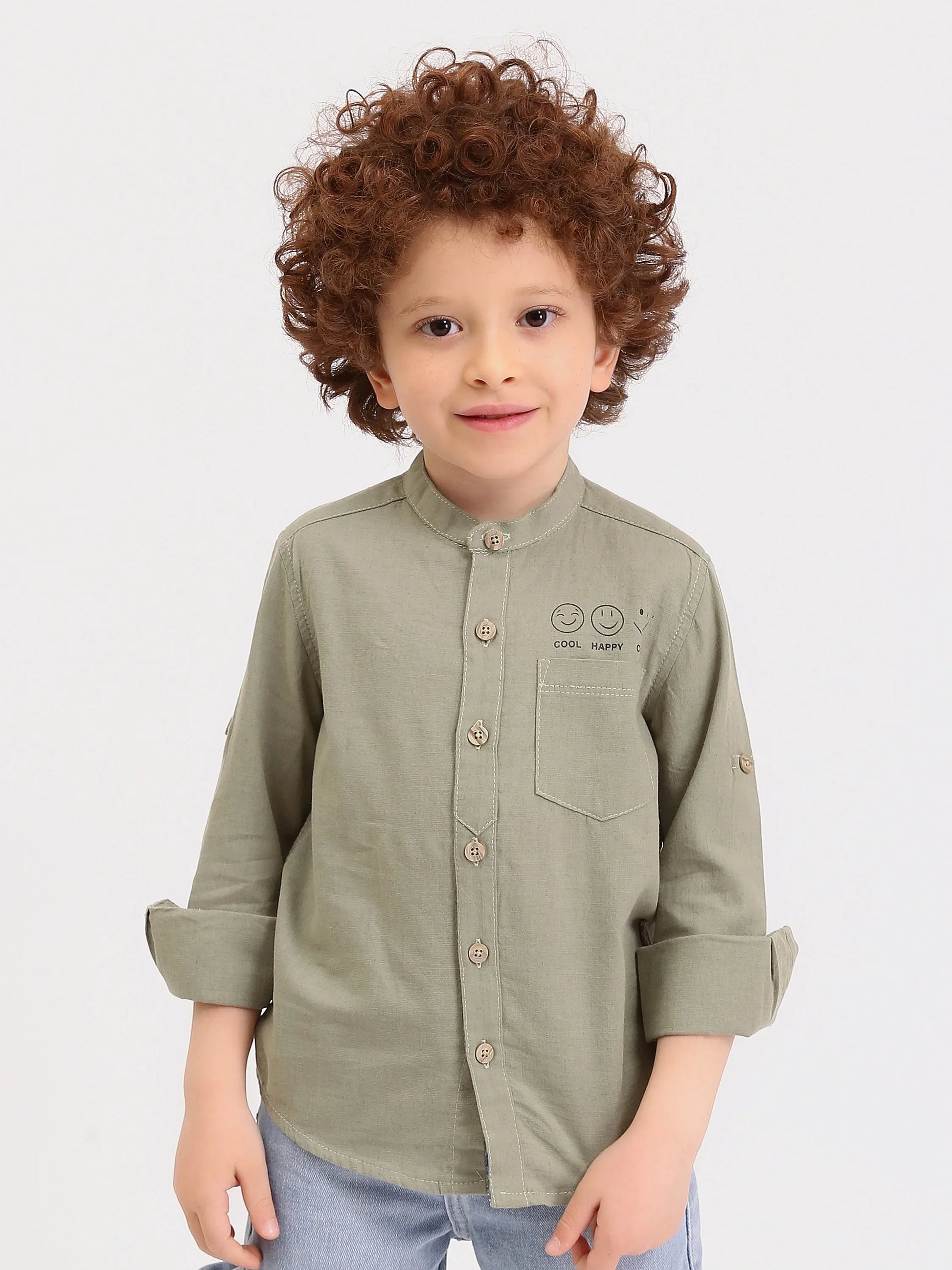 Chemise garçon manches longues col mao avec poche et imprimé Cool Happy Chill - SHI25SXIS76473MB1 - Justyol