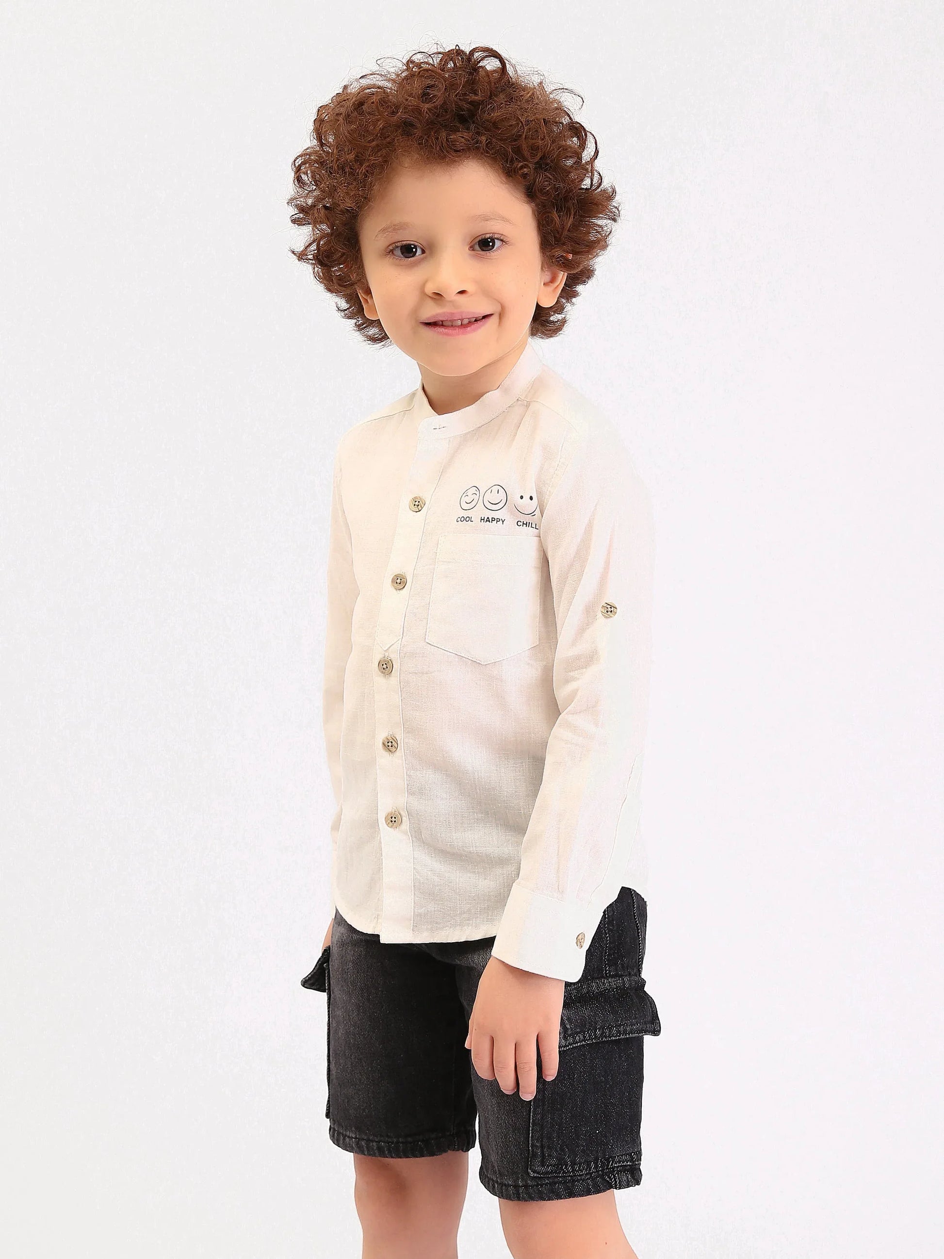 Chemise garçon manches longues col mao avec poche et imprimé Cool Happy Chill - SHI25SXIS76473MB1 - Justyol
