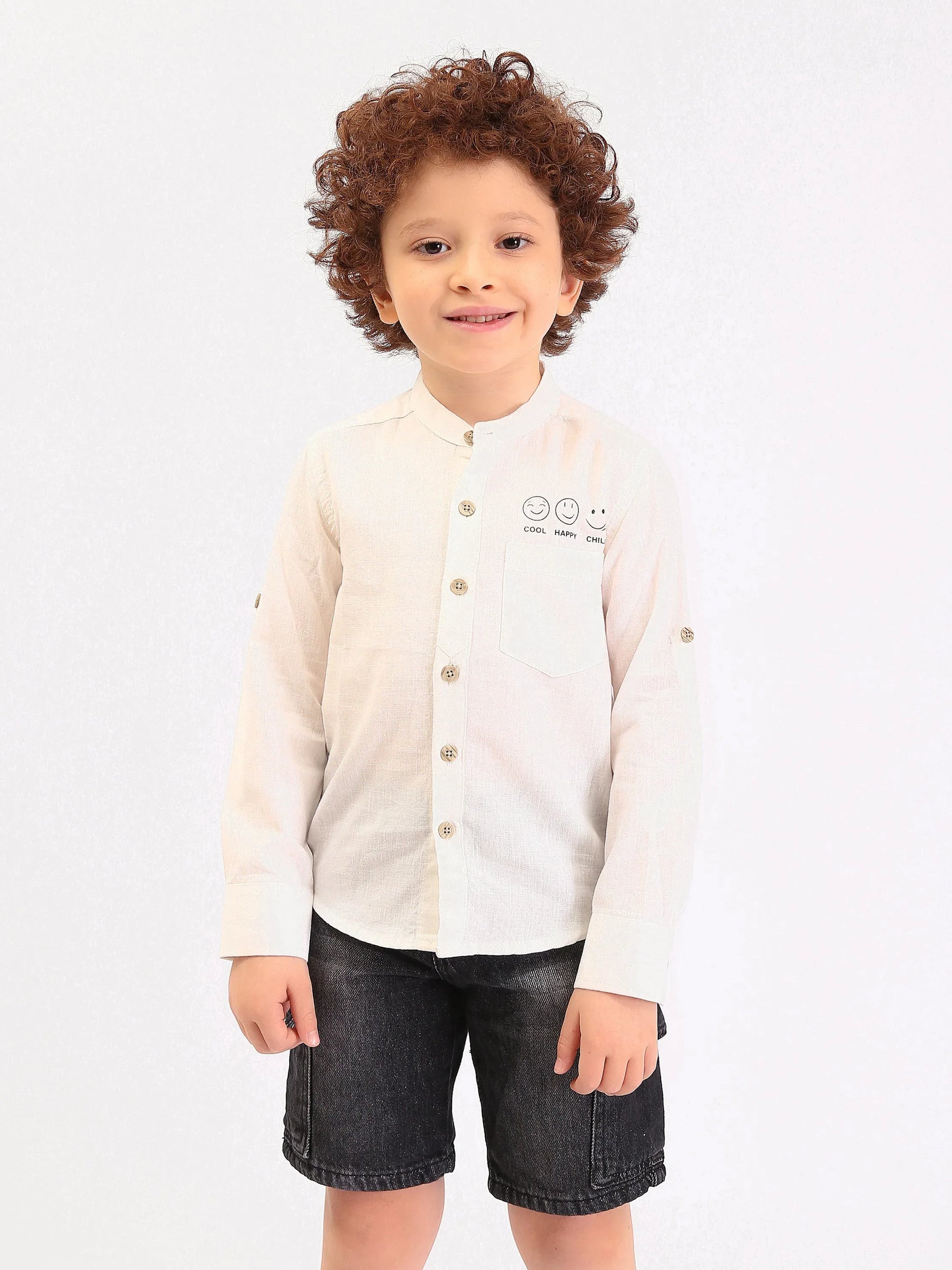 Chemise garçon manches longues col mao avec poche et imprimé Cool Happy Chill - SHI25SXIS76473MB1 - Justyol