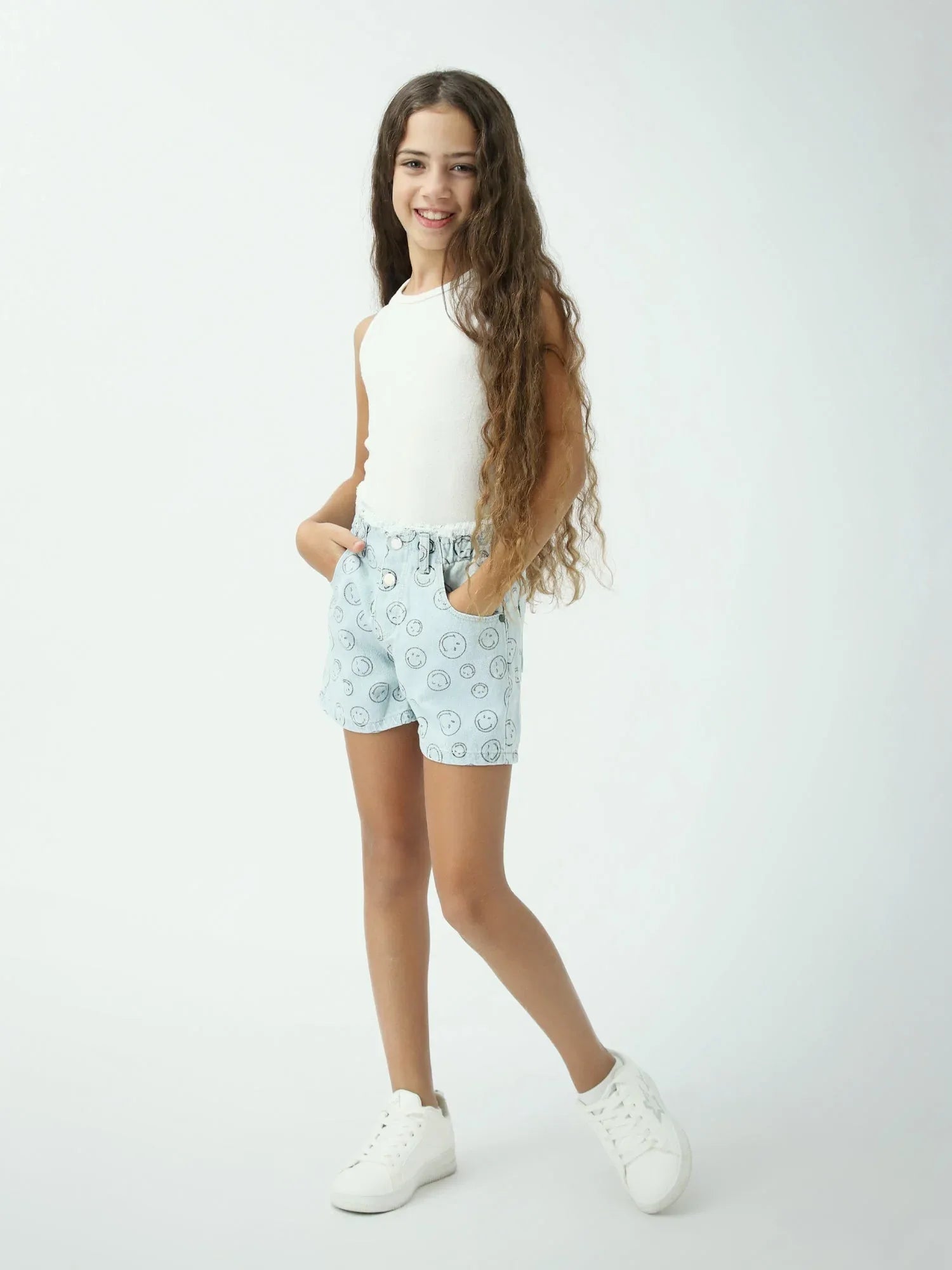 Short fille en denim bleu clair imprimé, taille haute paperbag - SHR24SDAP70576MG1 - Justyol