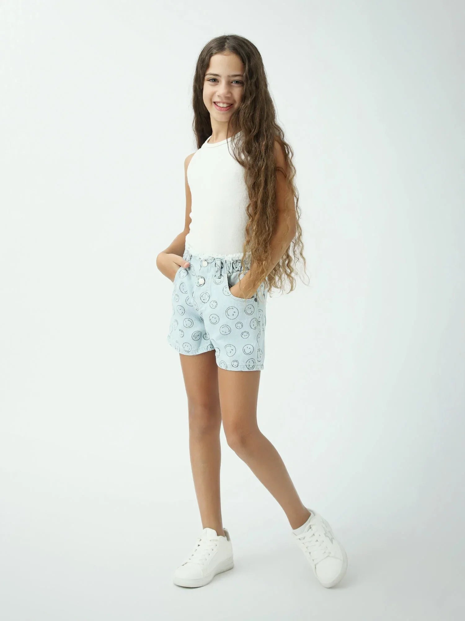 Short fille en denim bleu clair imprimé, taille haute paperbag - SHR24SDAP70576MG1 - Justyol