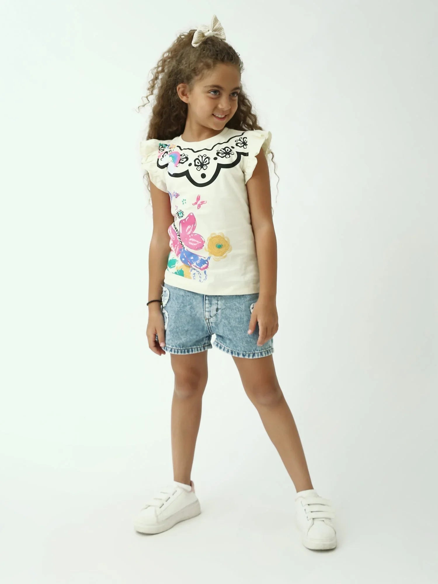 Short en jean fille mid blue – taille élastique – effet usé avec déchirures – denim d’été - SHR24SDDP70613MG1 - Justyol