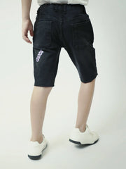Short jean garçon noir avec revers et détails imprimés - SHR24SDPP75421MB1 - Justyol