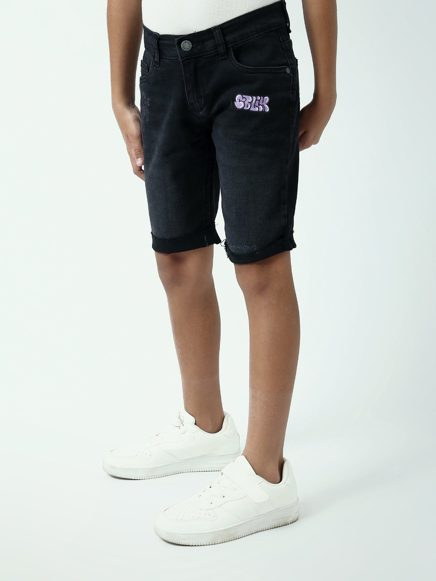 Short jean ado garçon noir avec revers et détails imprimés - SHR24SDPP75421MJ1