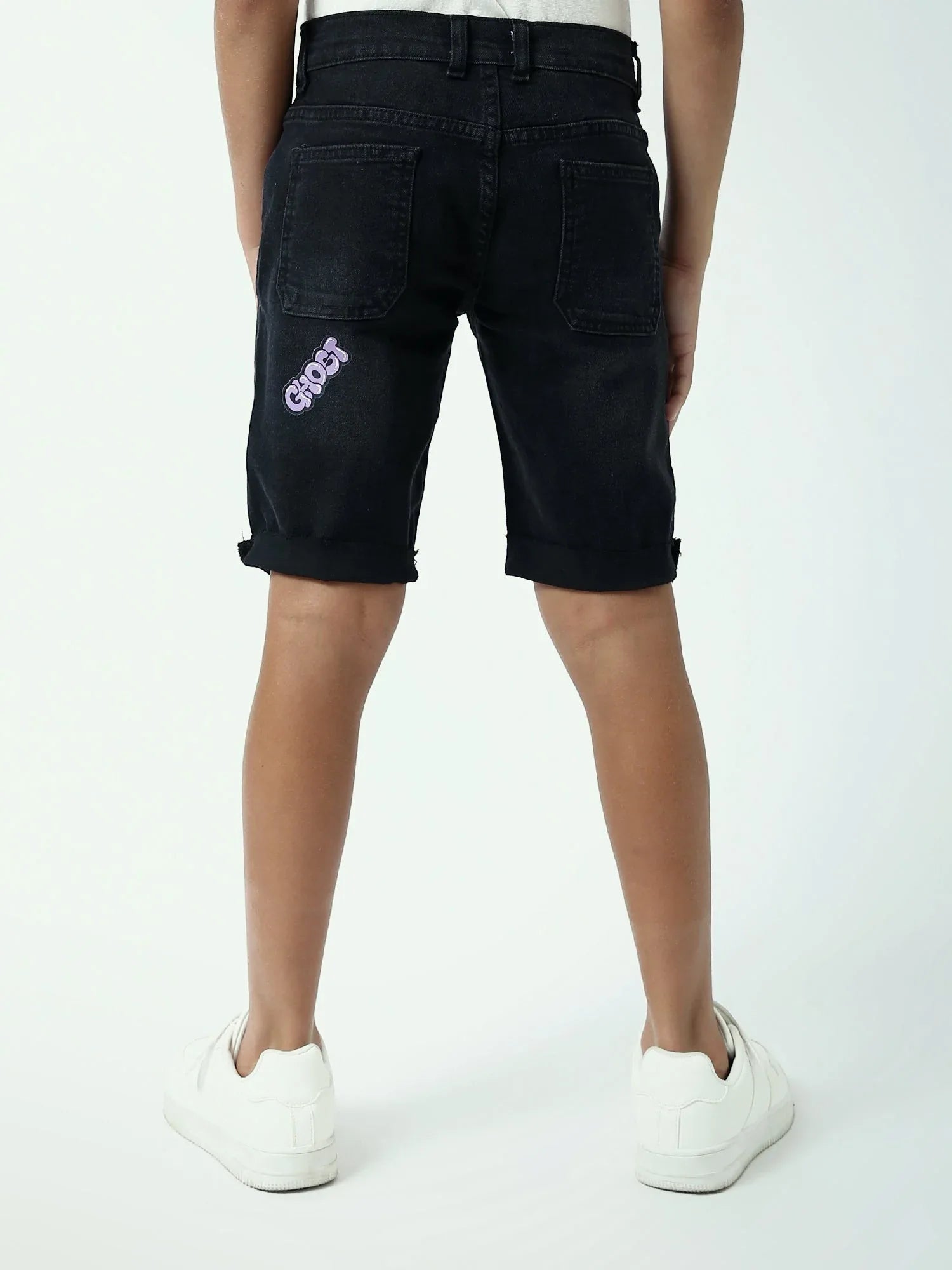 Short jean ado garçon noir avec revers et détails imprimés - SHR24SDPP75421MJ1 - Justyol