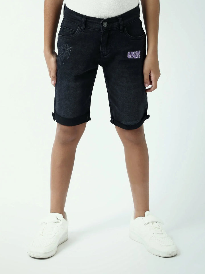 Short jean ado garçon noir avec revers et détails imprimés - SHR24SDPP75421MJ1
