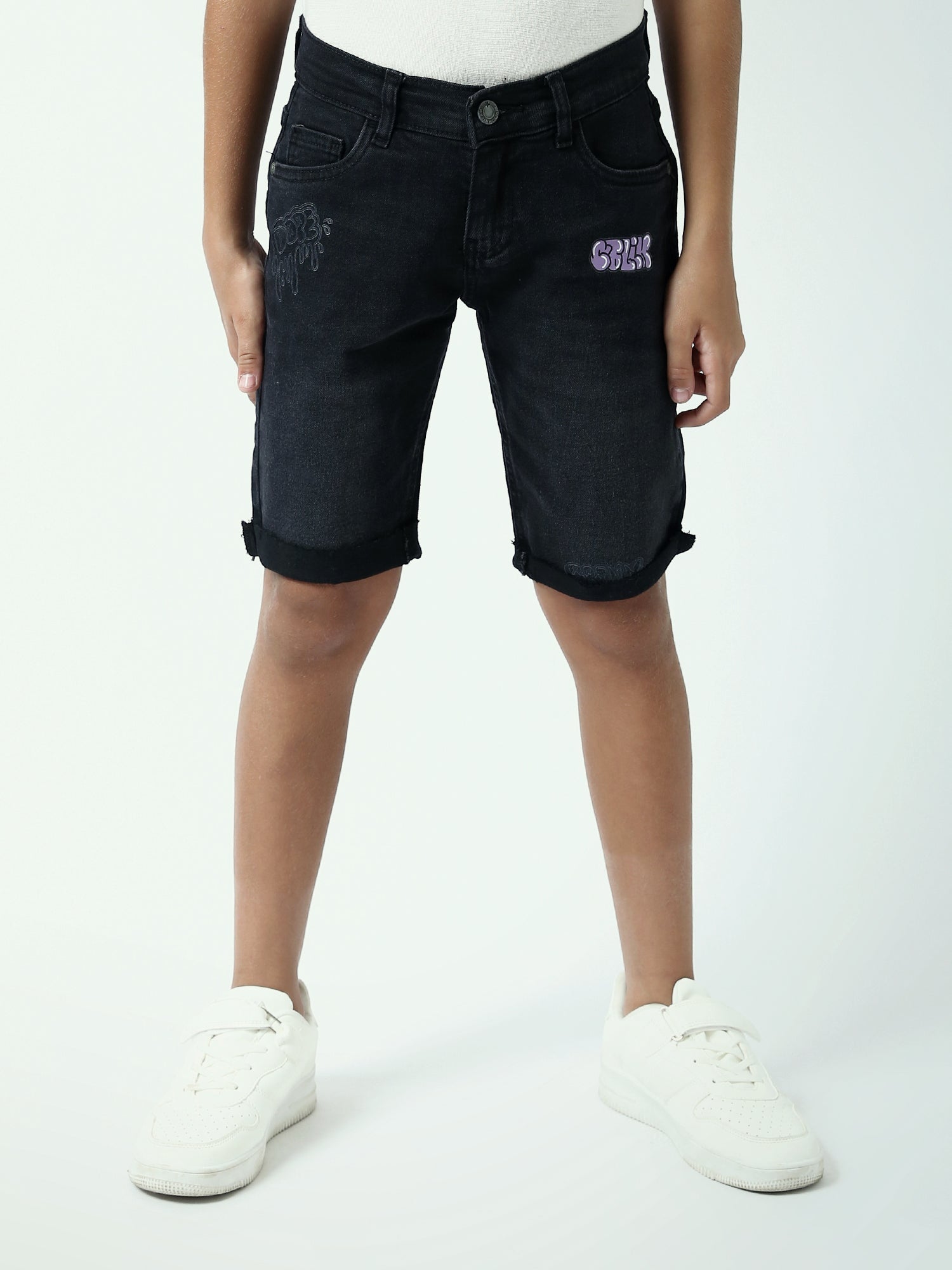 Short jean ado garçon noir avec revers et détails imprimés - SHR24SDPP75421MJ1