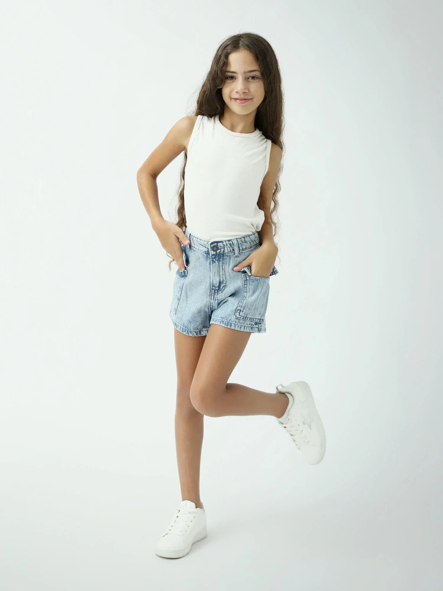 Short en jean fille bleu clair style cargo – poches à rabat - SHR24SDWC70578MG1 - Justyol