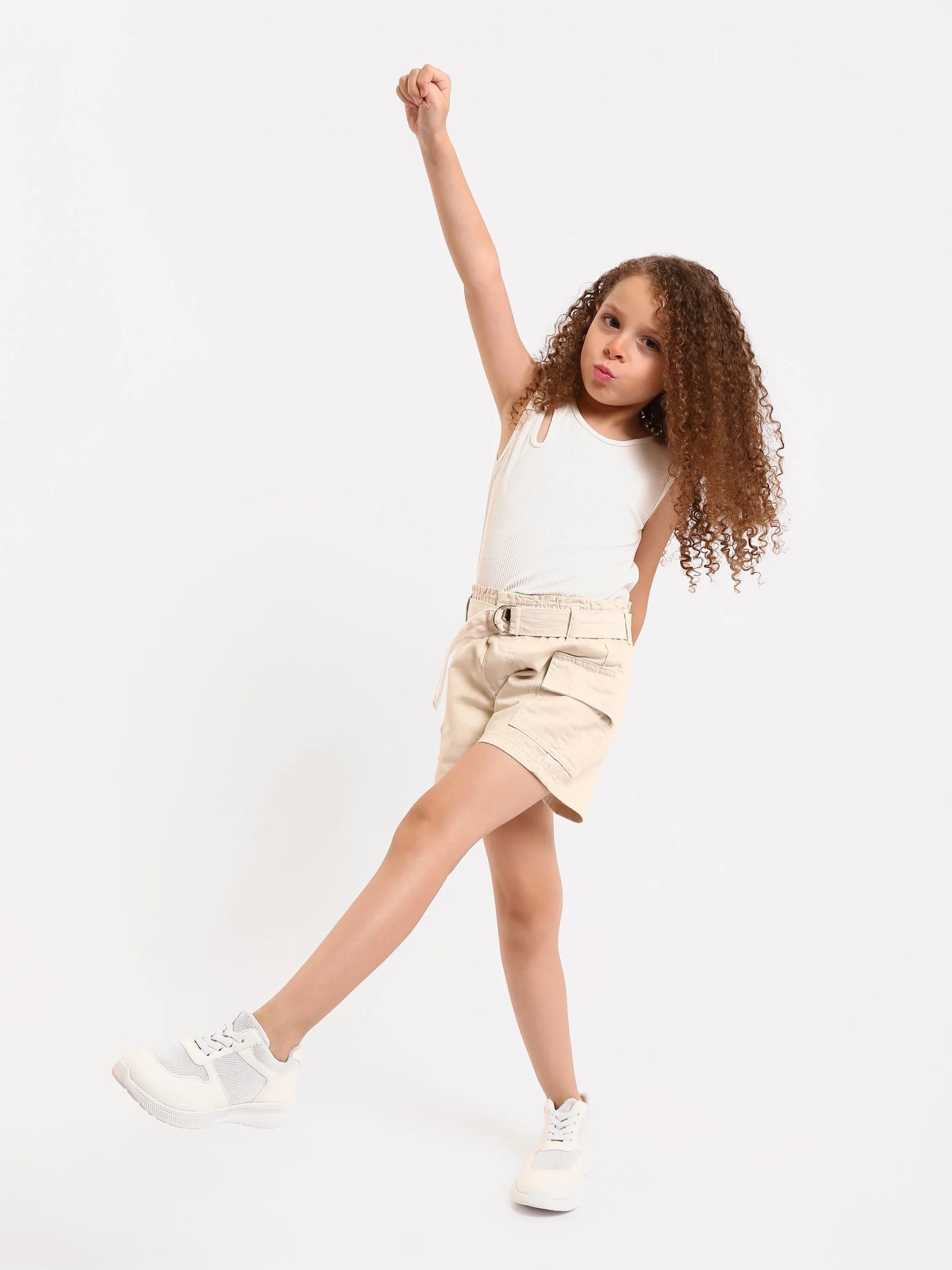Shorts cargo fille beige et vert avec ceinture - SHR24SGBP70623MG1 - Justyol