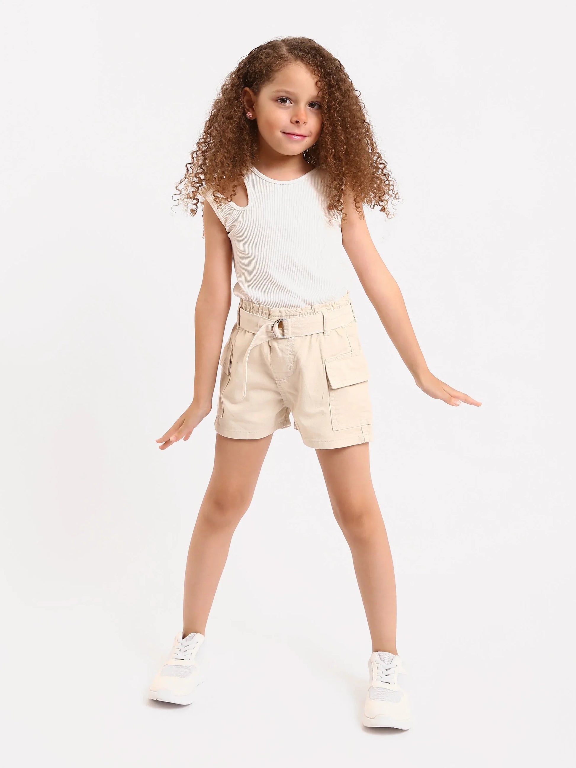 Shorts cargo fille beige et vert avec ceinture - SHR24SGBP70623MG1 - Justyol