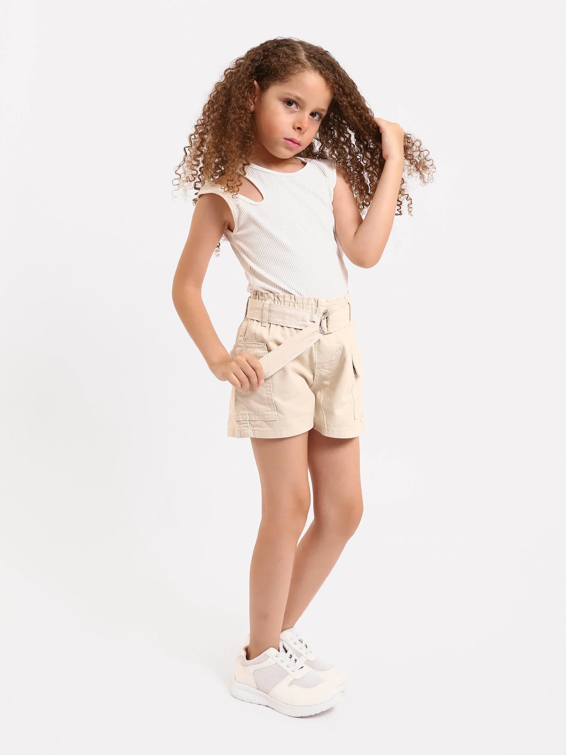Shorts cargo fille beige et vert avec ceinture - SHR24SGBP70623MG1 - Justyol