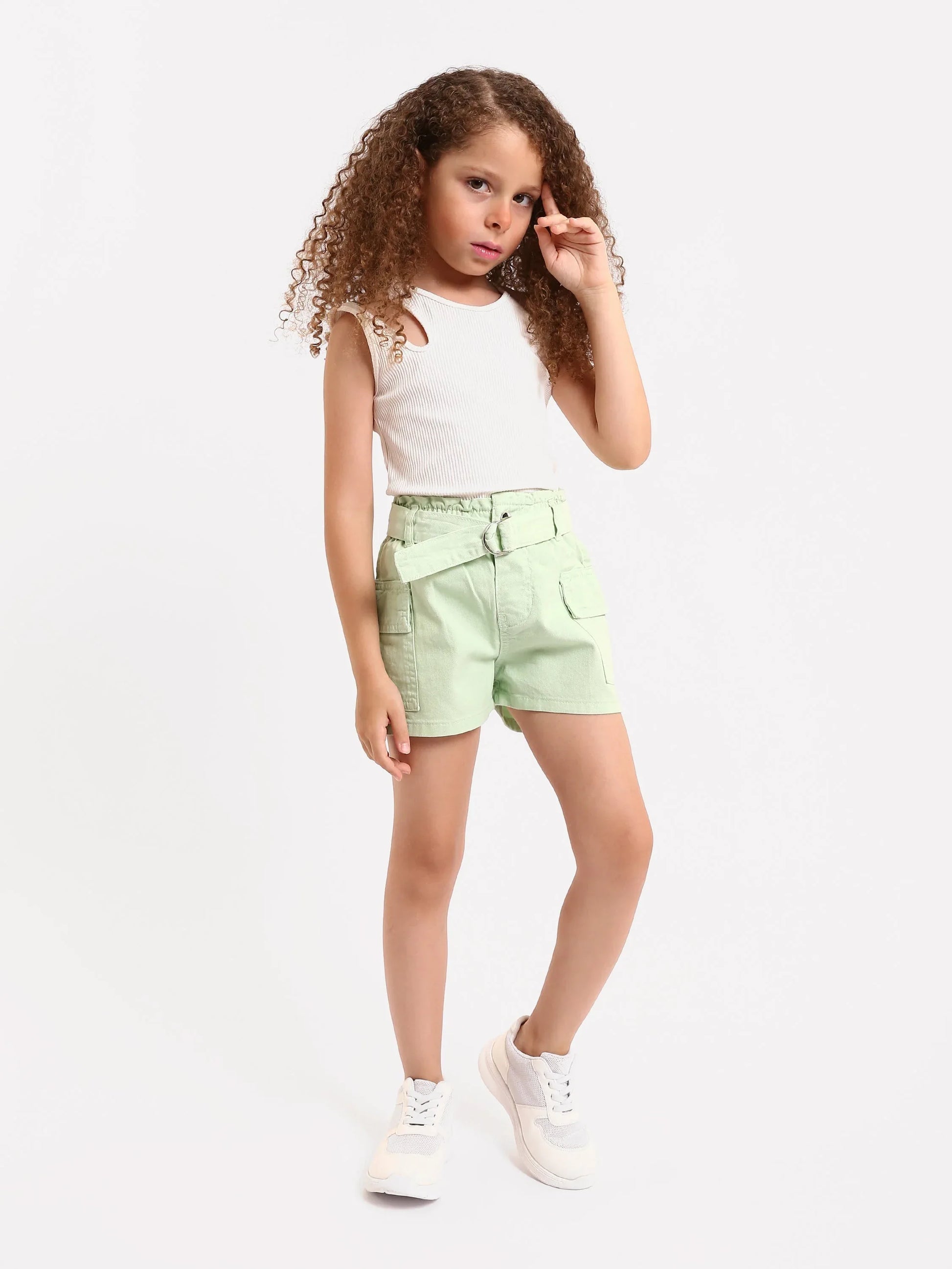 Shorts cargo fille beige et vert avec ceinture - SHR24SGBP70623MG1 - Justyol