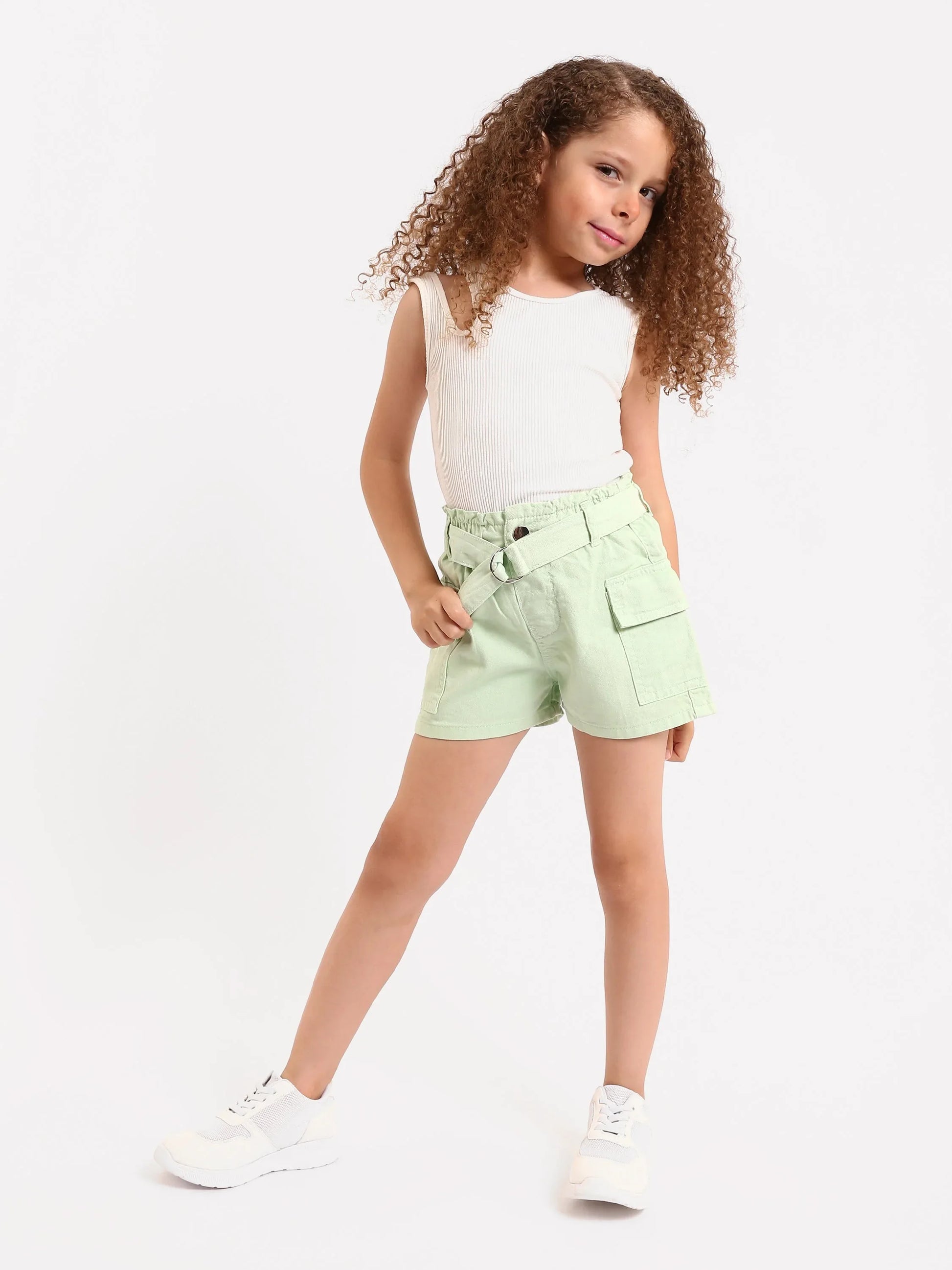 Shorts cargo fille beige et vert avec ceinture - SHR24SGBP70623MG1 - Justyol