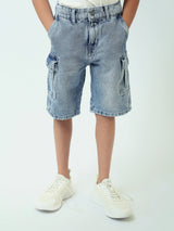 Short en jean pour enfants de couleur bleu clair avec poches latérales - SHR25GDWC31705TB1