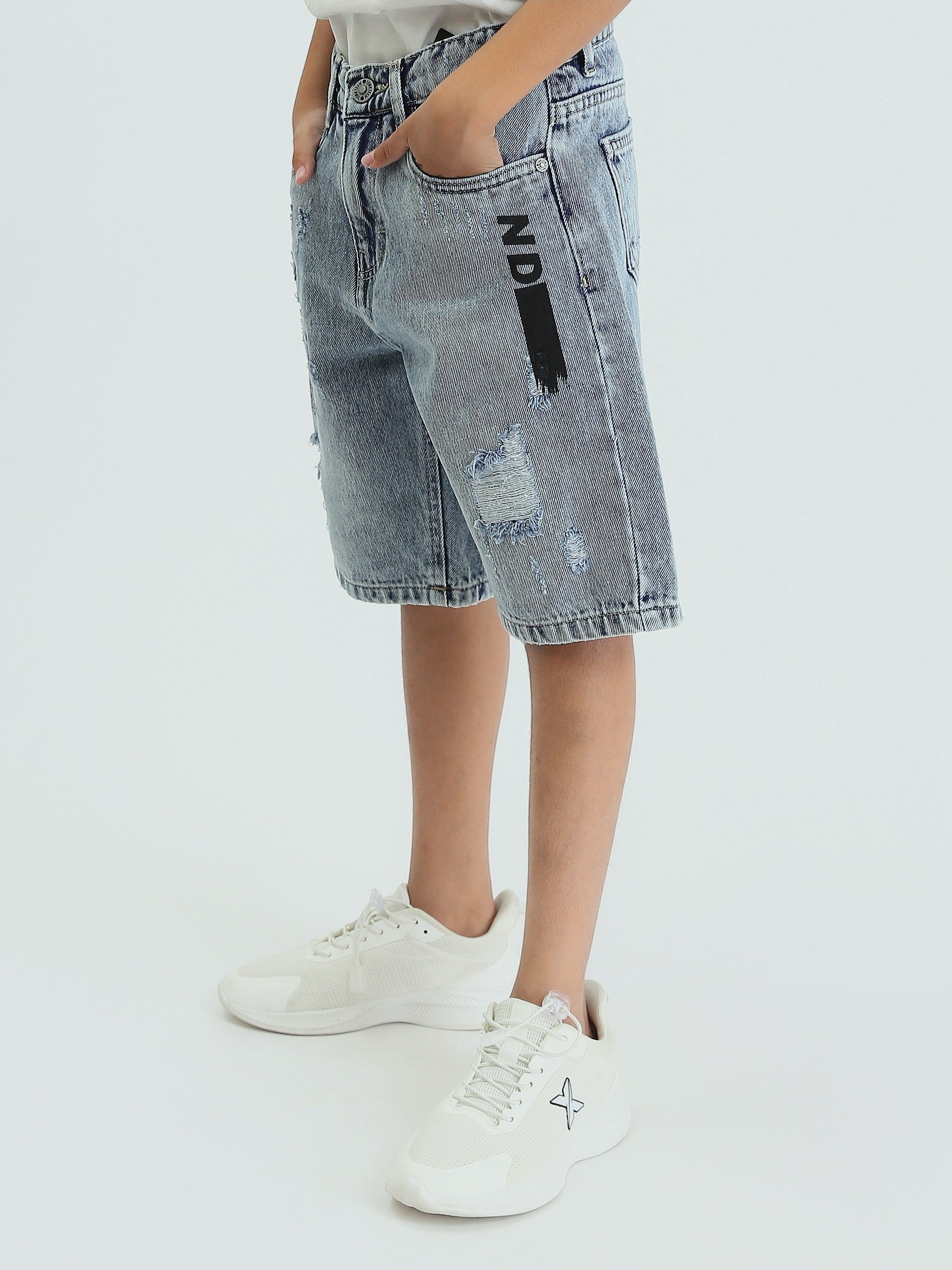Short en Jean Garçon Délavé avec Imprimé "ND" – Style Urbain et Confortable - SHR25SDSP30207TB1