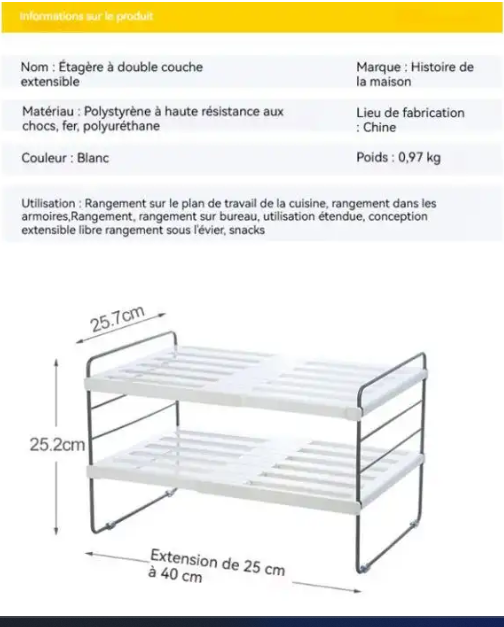 Katei story - Étagère extensible de rangement 40 x 25.7 x 25.2 cm — modulable, ajustable et gain de place