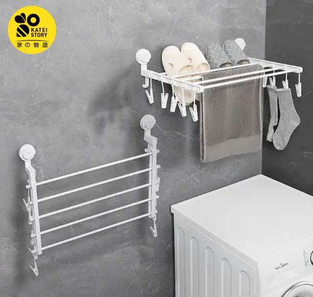 Étendoir à Linge Mural Pliable Sans Perçage à Ventouse Puissante - Séchoir et Porte-Serviette Gain de Place - KATEI STORY