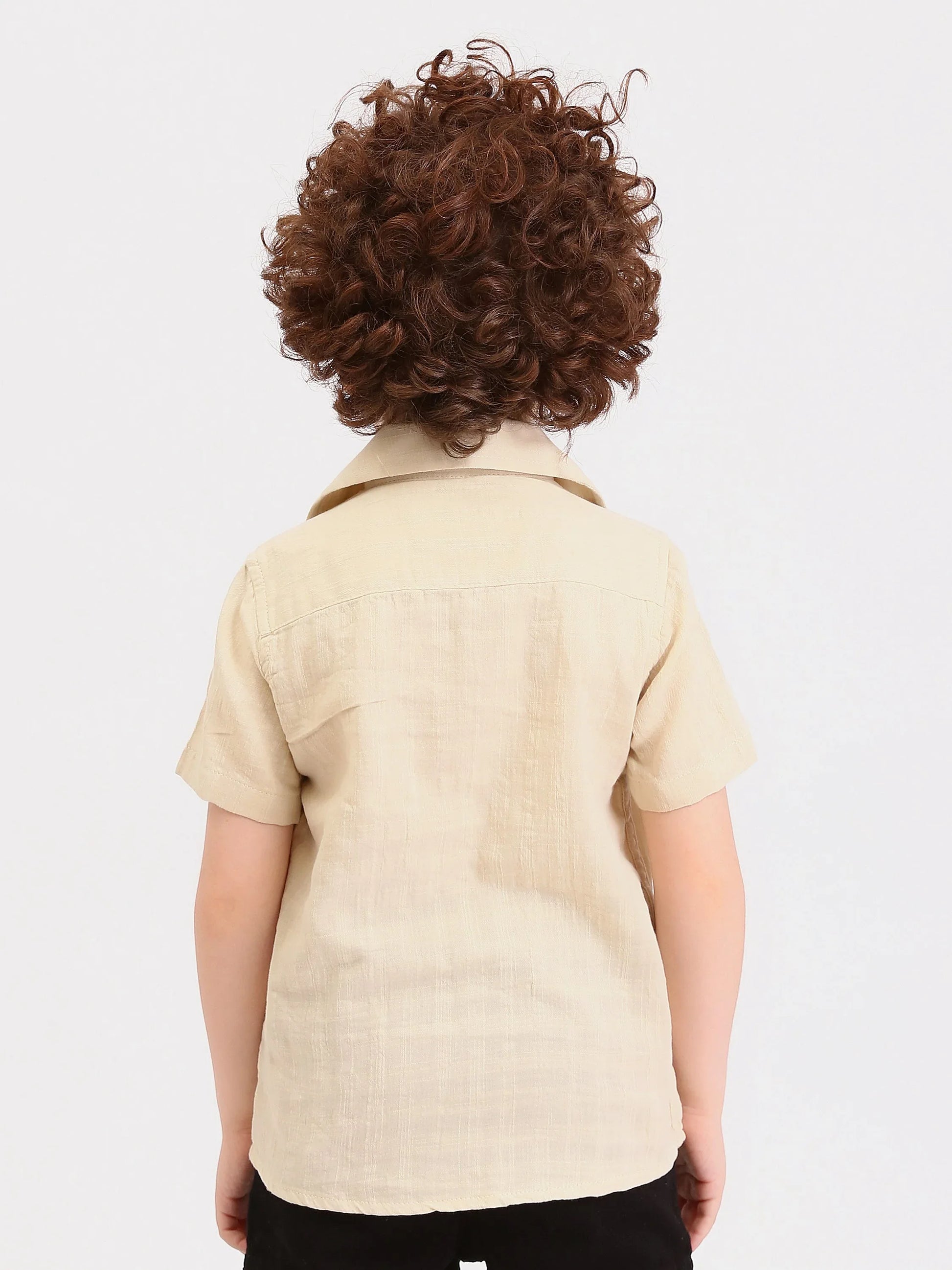 Chemise garçon manches courtes col cubain – effet lin beige - SSH25SELR76463MB1 - Justyol