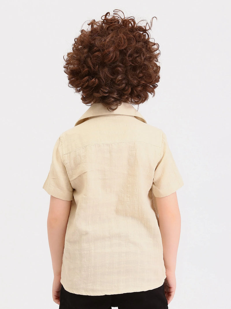 Chemise garçon manches courtes col cubain – effet lin beige - SSH25SELR76463MB1