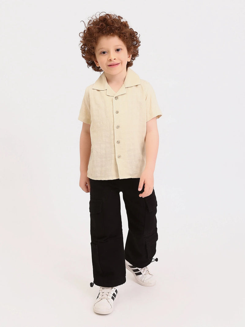 Chemise garçon manches courtes col cubain – effet lin beige - SSH25SELR76463MB1