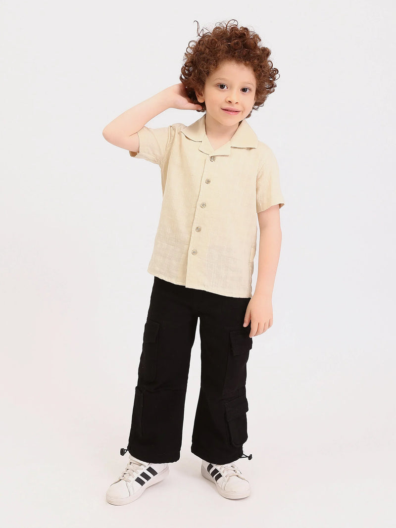 Chemise garçon manches courtes col cubain – effet lin beige - SSH25SELR76463MB1