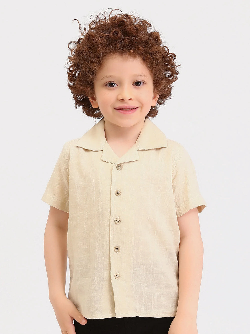 Chemise garçon manches courtes col cubain – effet lin beige - SSH25SELR76463MB1