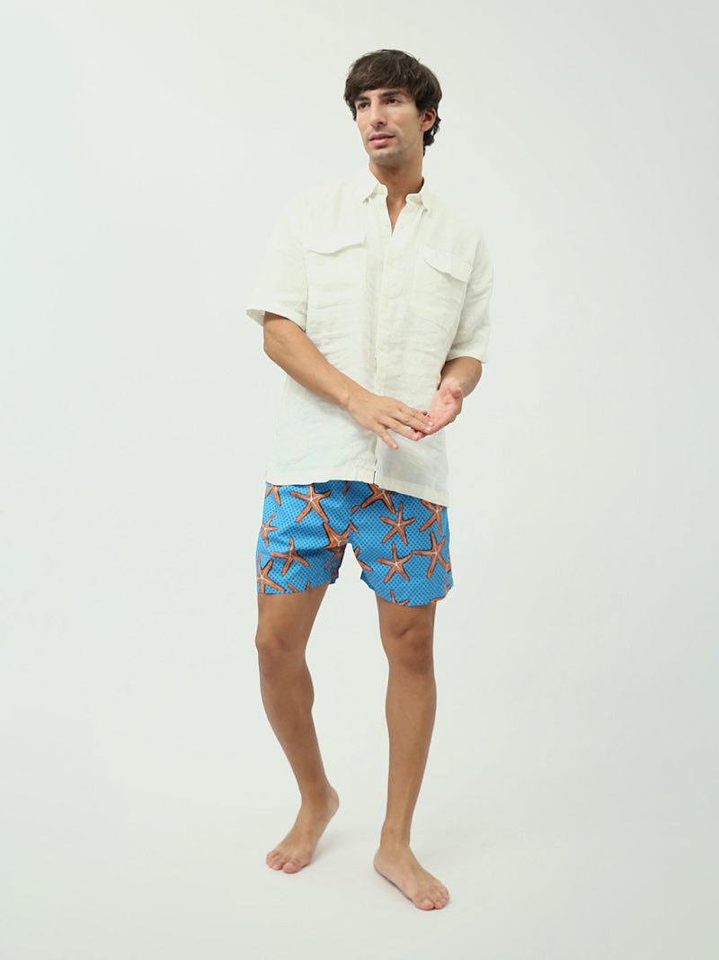 Short de bain pour homme avec couleurs vives et motif d'étoiles de mer – Idéal pour la baignade et la plage - SWO24SSAE11412TM1