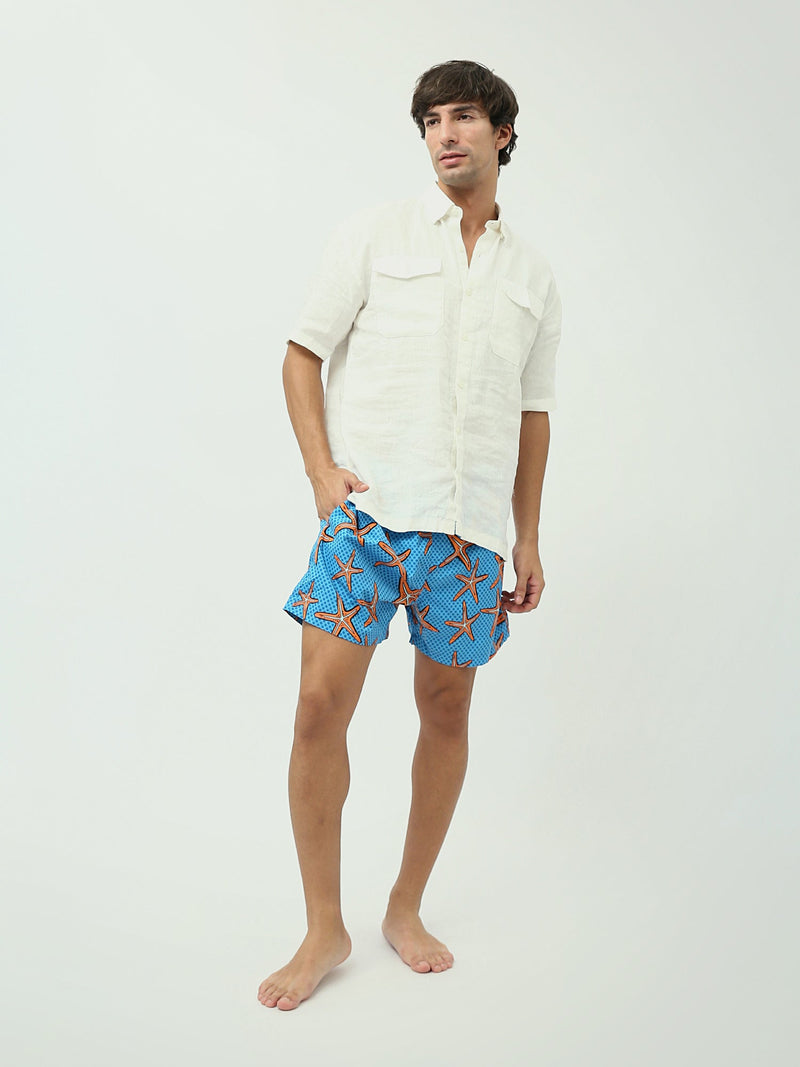 Short de bain pour homme avec couleurs vives et motif d'étoiles de mer – Idéal pour la baignade et la plage - SWO24SSAE11412TM1